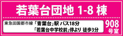 若葉台団地1-8　908号室　東急田園都市線「青葉台」駅バス18分　「若葉台中学校前」停徒歩3分